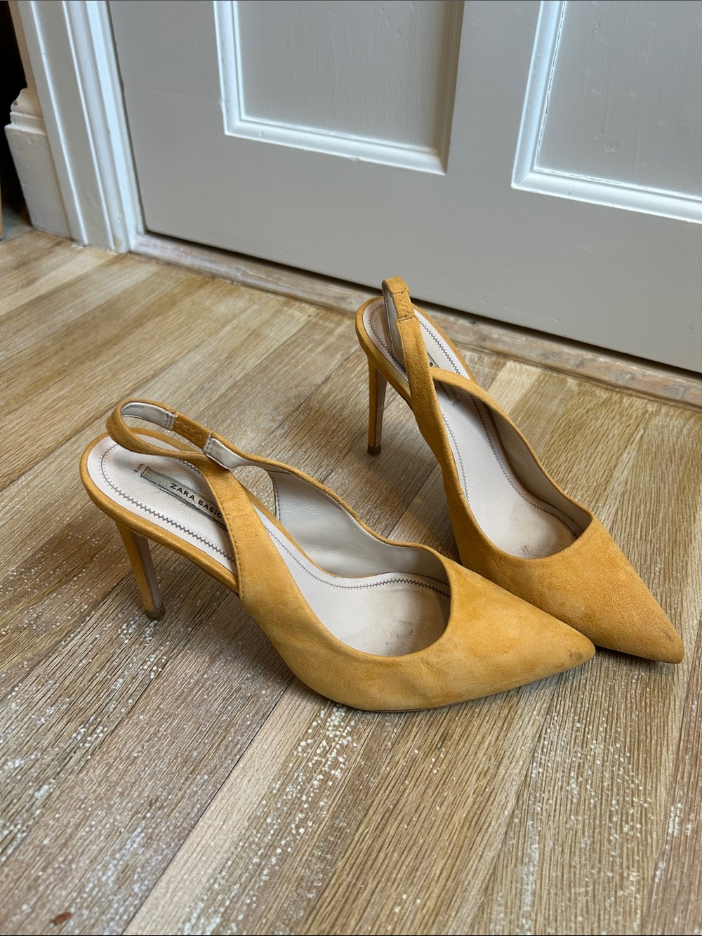 Suede Slingback Pointed-Toe, Stiletto Heels in Deep Mango Yellow